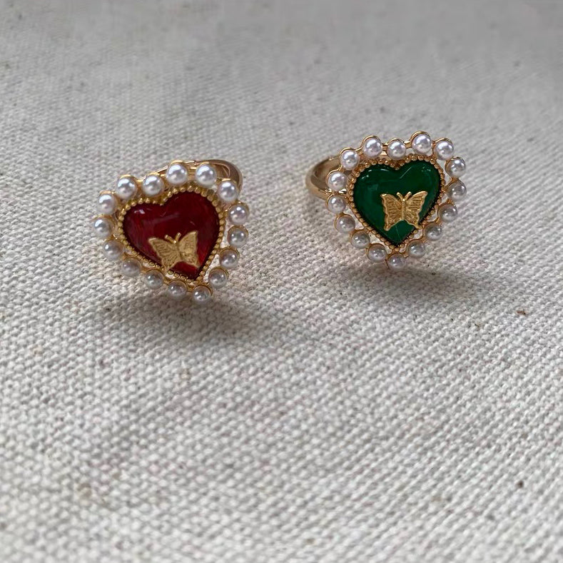 Vintage Heart Shape Ring Retro Pearl Beaded Dainty Adjustable Finger Rings for Women