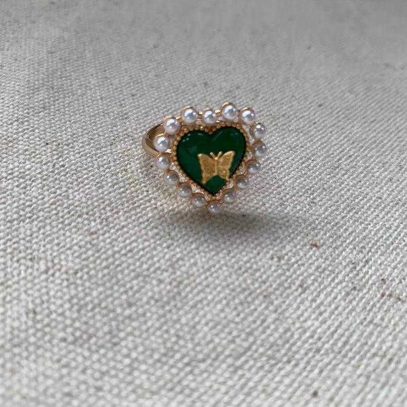 Vintage Heart Shape Ring Retro Pearl Beaded Dainty Adjustable Finger Rings for Women