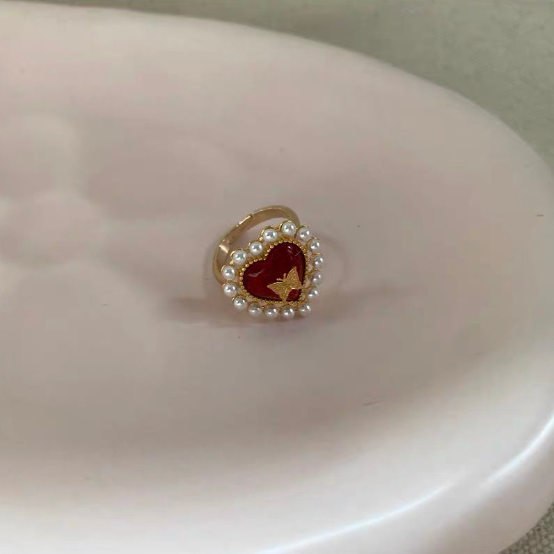 Vintage Heart Shape Ring Retro Pearl Beaded Dainty Adjustable Finger Rings for Women