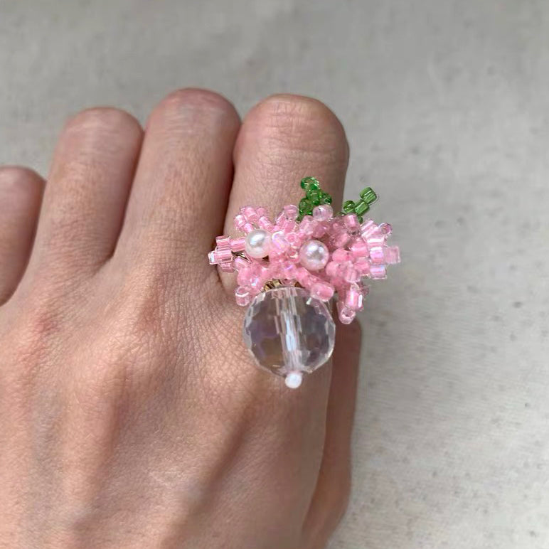 Floral Pink Flower Ring Handmade Colorful Bead Adjustable Cute Adorable Finger Rings for Girl Women