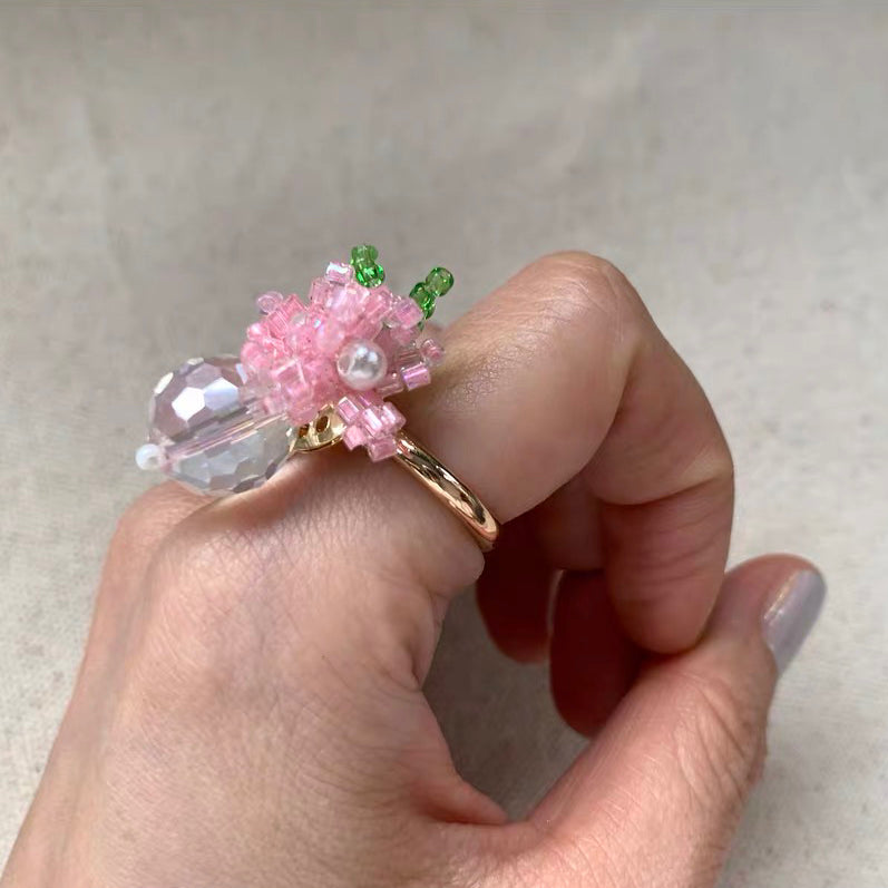Floral Pink Flower Ring Handmade Colorful Bead Adjustable Cute Adorable Finger Rings for Girl Women