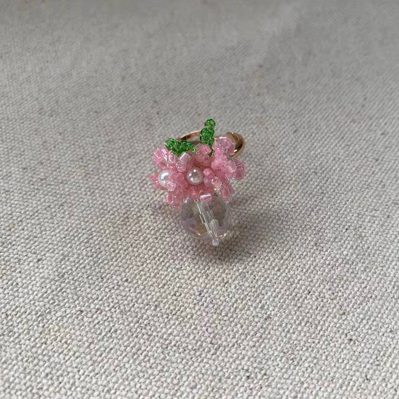 Floral Pink Flower Ring Handmade Colorful Bead Adjustable Cute Adorable Finger Rings for Girl Women