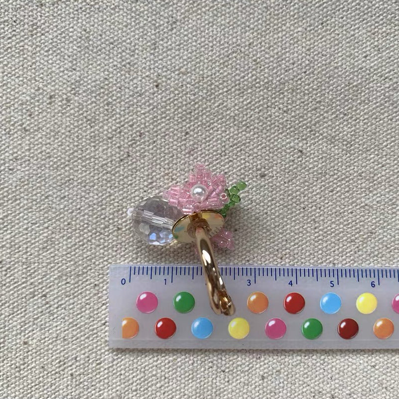 Floral Pink Flower Ring Handmade Colorful Bead Adjustable Cute Adorable Finger Rings for Girl Women