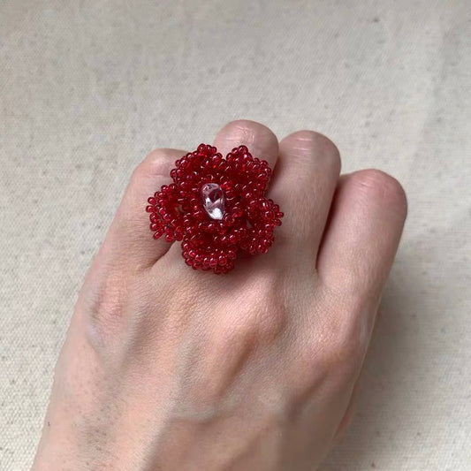 Handmade Red Flower Petal Floral Bead Ring, Cute Ring, Adorable Design, Lovely Dainty Fashion Trendy Rings for Women,Unique Gift for her