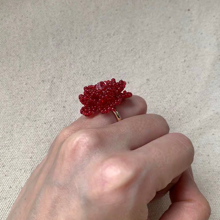 Handmade Red Flower Petal Floral Bead Ring, Cute Ring, Adorable Design, Lovely Dainty Fashion Trendy Rings for Women,Unique Gift for her