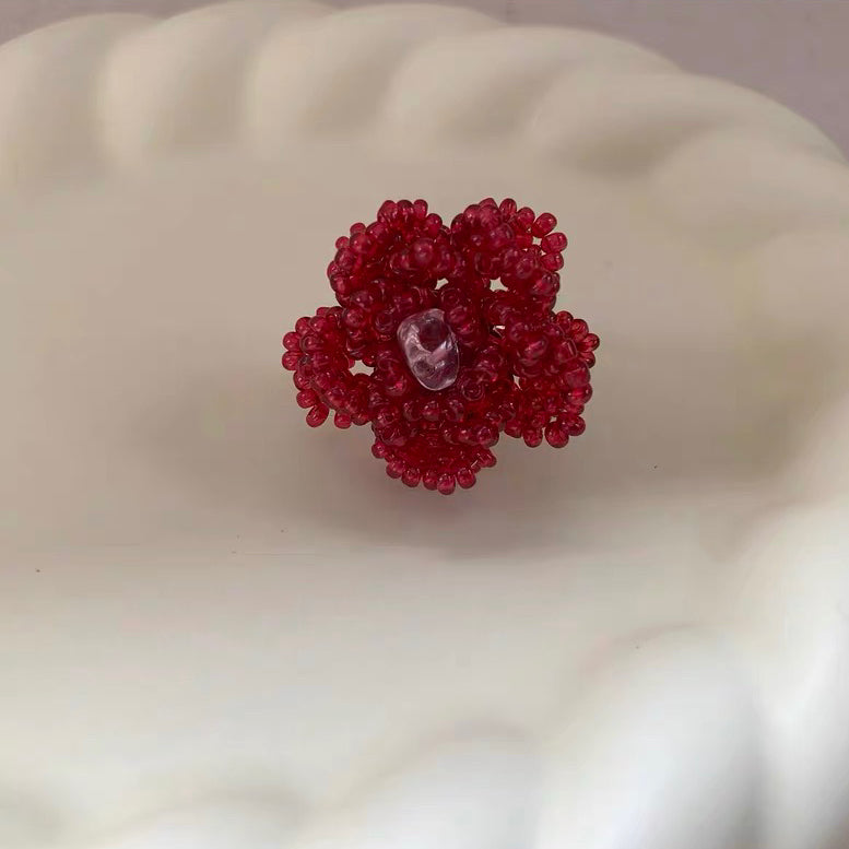 Handmade Red Flower Petal Floral Bead Ring, Cute Ring, Adorable Design, Lovely Dainty Fashion Trendy Rings for Women,Unique Gift for her