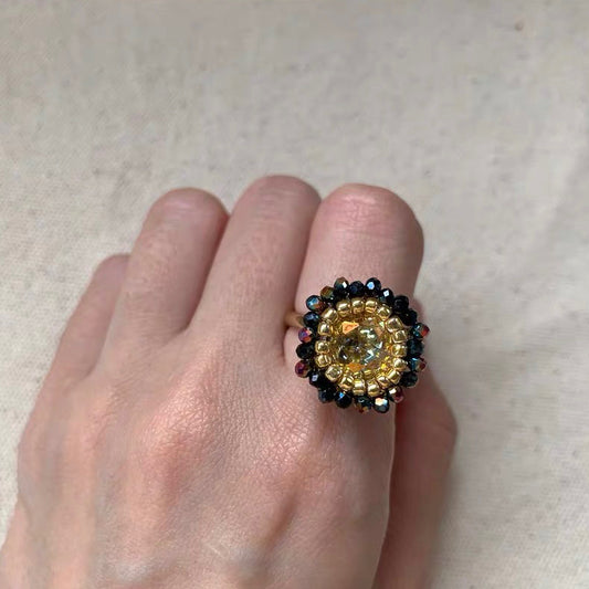 Gemstone Shape Rhinestone Bead Ring Colorful Trendy Sparkly Ring Retro Vintage Jewelry for Women