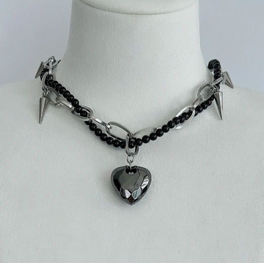 Cyberpunk black heart pendant choker,obsidian choker,double layered choker,spike element,Y2Kchoker