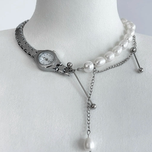 Vintagepunk silver watch chunky chain choker,Pearl decoration stacked choker,Y2Kchoker,A perfect and special gift