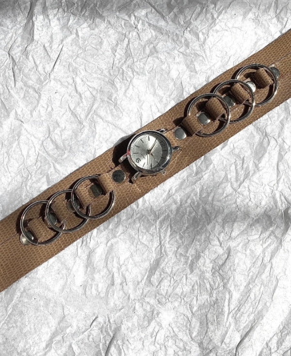 Cyberpunk silver watch brown leather choker,with circular ring accents,Y2Kchoker,Trendy niche design