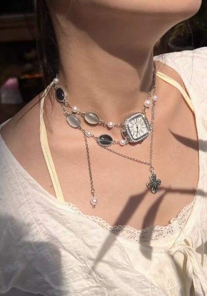 Vintage punk , silver watch with a cross pendant necklace,Double layered necklace,Gemstone embellishment,A special and perfect gift