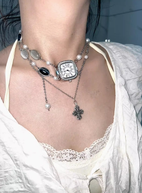 Vintage punk , silver watch with a cross pendant necklace,Double layered necklace,Gemstone embellishment,A special and perfect gift
