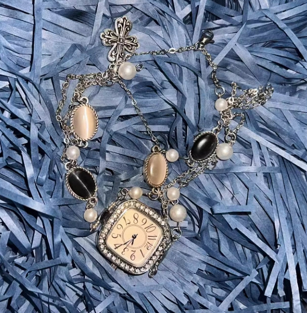 Vintage punk , silver watch with a cross pendant necklace,Double layered necklace,Gemstone embellishment,A special and perfect gift