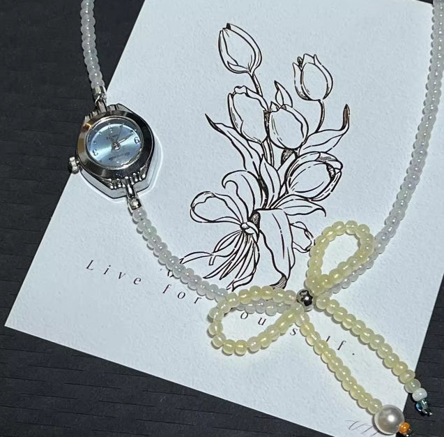 Vintagepunk Blue Watch and Bow Choker,Beaded Choker,Y2Kchoker,A Special and Perfect Gift