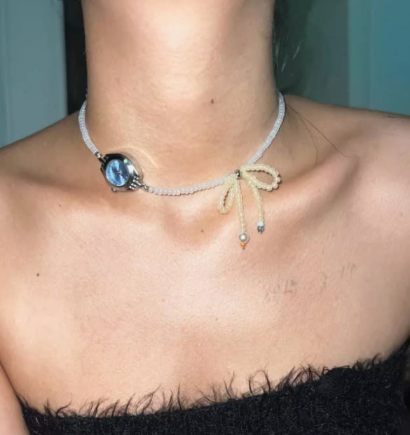 Vintagepunk Blue Watch and Bow Choker,Beaded Choker,Y2Kchoker,A Special and Perfect Gift