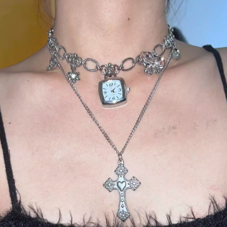 Vintage punk silver watch chunky chain choker with a cross pendant necklace,Double layered necklace,Y2Kchoker,