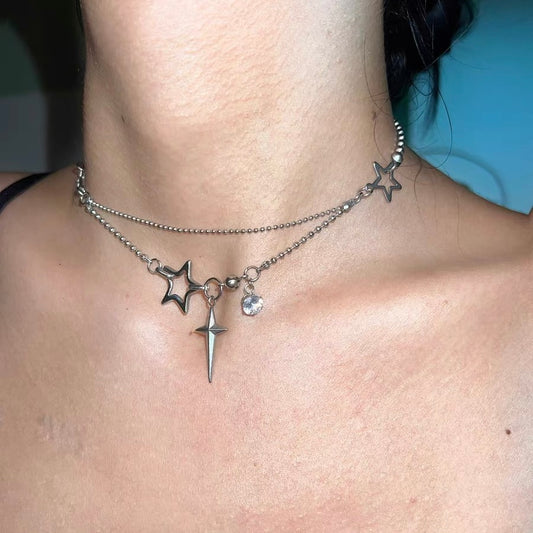 Double Layered Stacked Chunky Choker Necklace Y2k Star Statement Silver Punk Chain