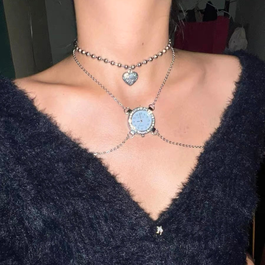 Silver Heart Rhinestone Watch Choker, Chunk Punk Necklace Chain Neck Jewerly for Women,