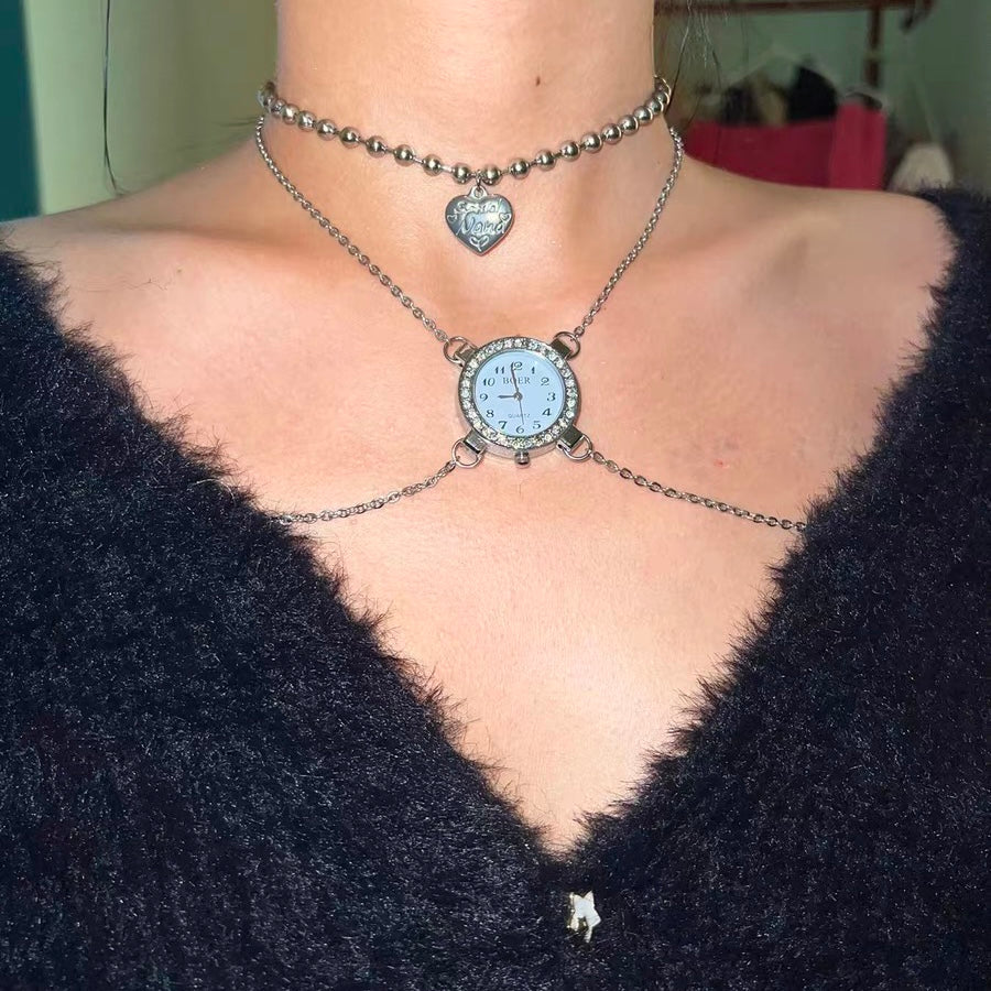 Silver Heart Rhinestone Watch Choker, Chunk Punk Necklace Chain Neck Jewerly for Women,