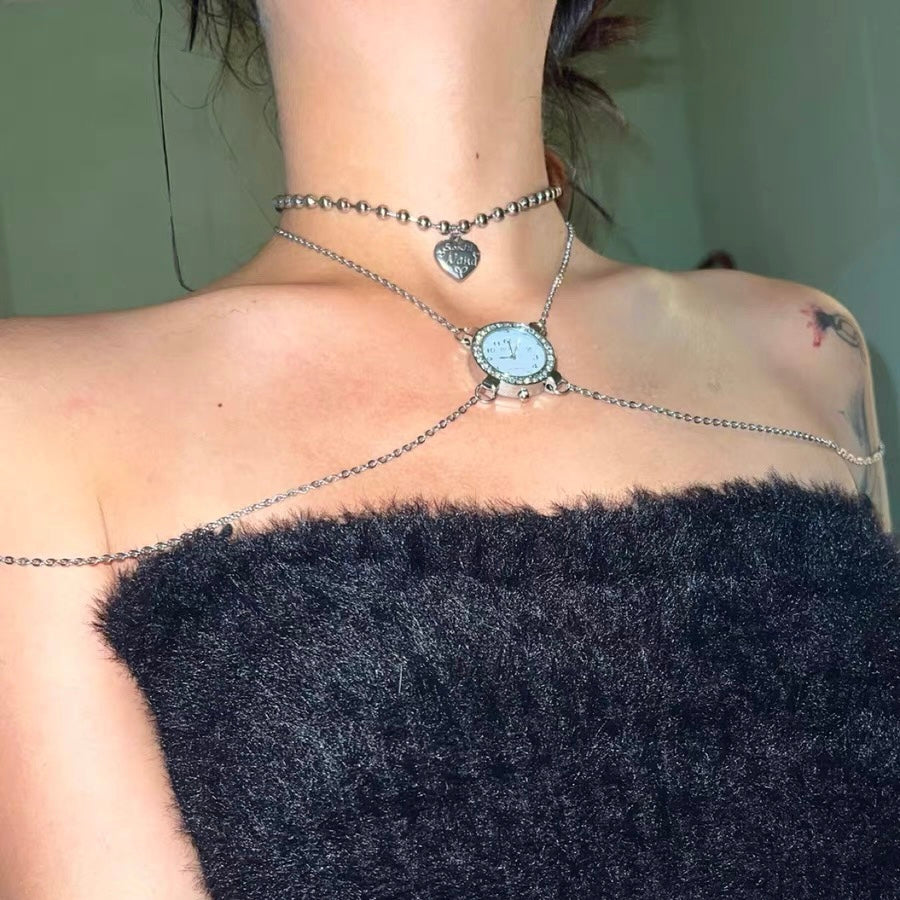 Silver Heart Rhinestone Watch Choker, Chunk Punk Necklace Chain Neck Jewerly for Women,