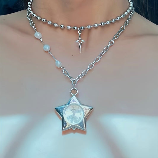 Y2k Star Watch Choker Niche Chunky Punk Double Layered Cross Necklace Silver Chain Jewelry