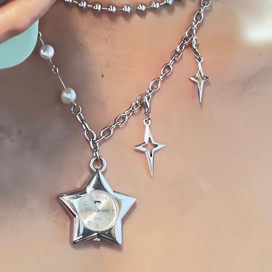 Y2k Star Watch Choker Niche Chunky Punk Double Layered Cross Necklace Silver Chain Jewelry