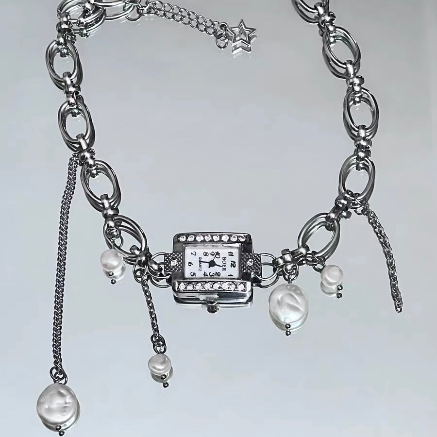 Hand Made Vintage Elegant Silver Watch Choker Necklace,Fringe Freshwater Pearl Pendant,Chunky Chain necklace,Y2K Niche Choker,Gift for her