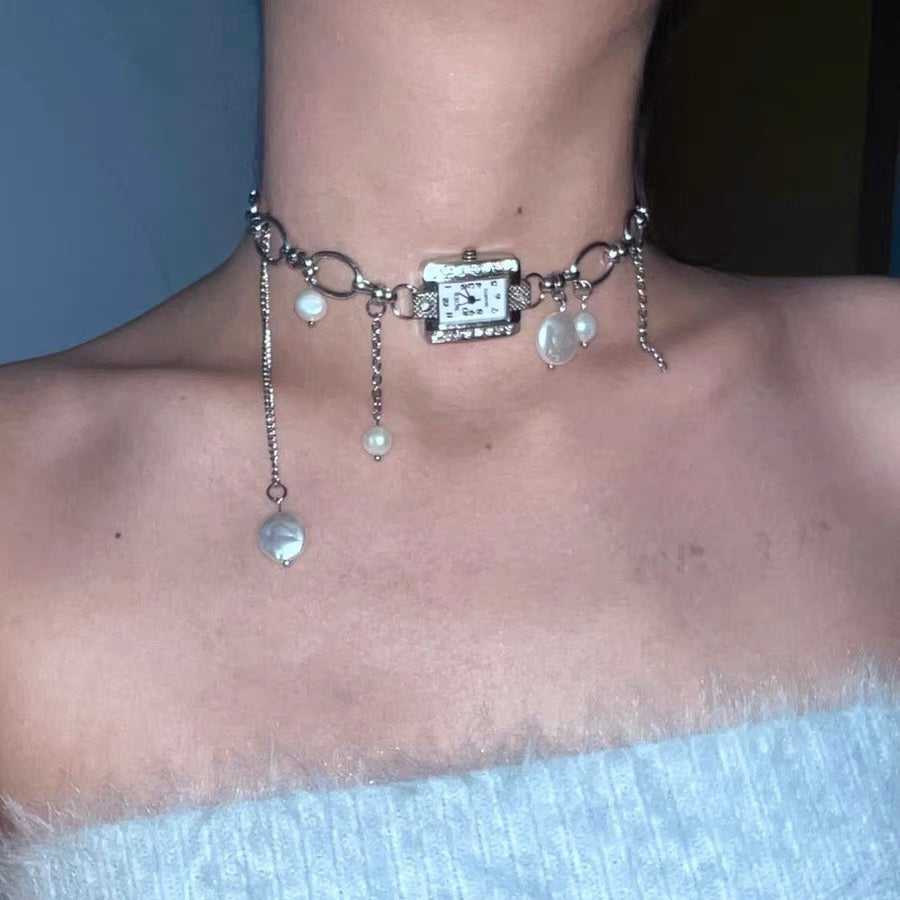 Hand Made Vintage Elegant Silver Watch Choker Necklace,Fringe Freshwater Pearl Pendant,Chunky Chain necklace,Y2K Niche Choker,Gift for her