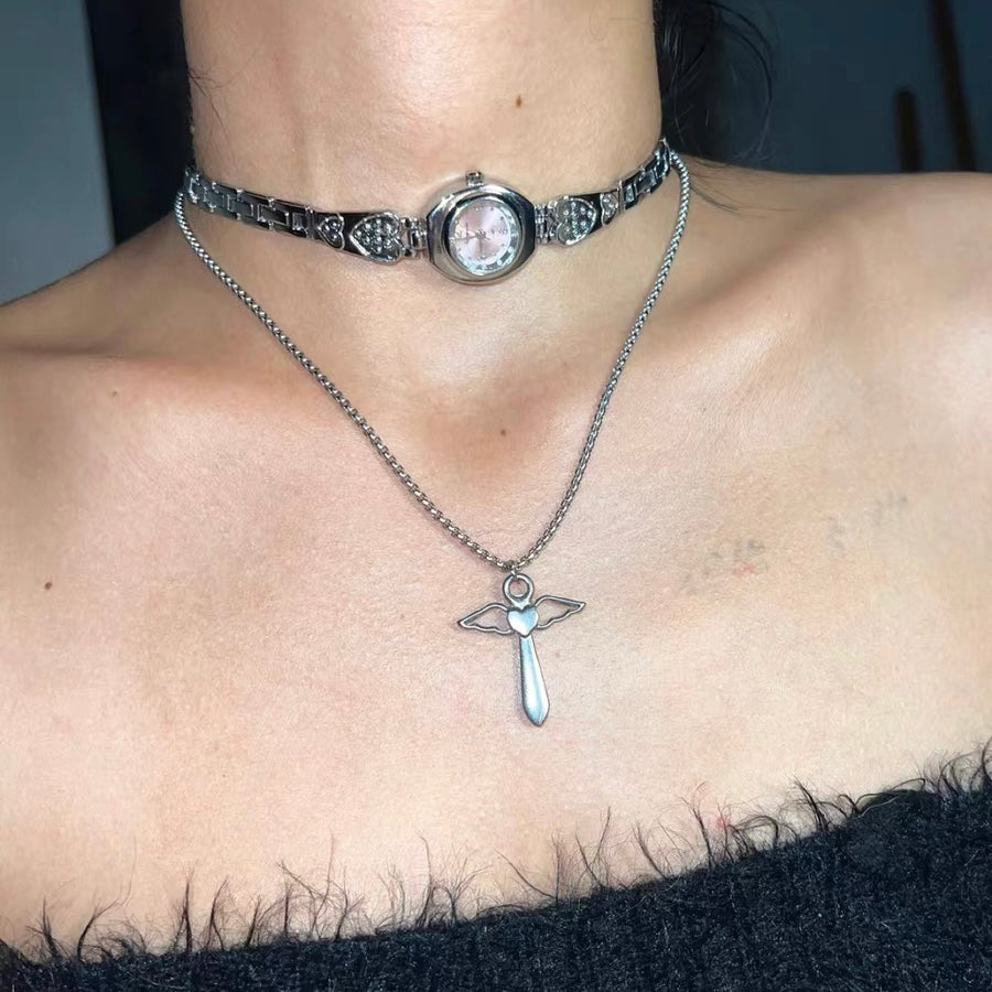 Vintage Guardian Angel Wings Pink Watch Choker Necklace, Gothic Pendant, Silver Chunky Chain Layered Necklace, Cyberpunk Unisex Necklace.