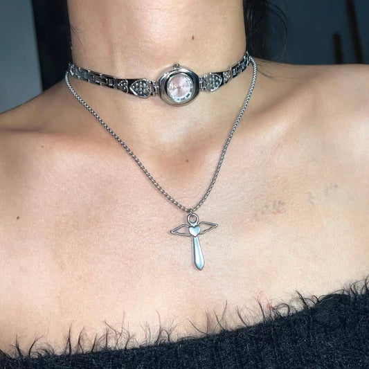 Vintage Guardian Angel Wings Pink Watch Choker Necklace, Gothic Pendant, Silver Chunky Chain  Layered Necklace, Cyberpunk Unisex Necklace.