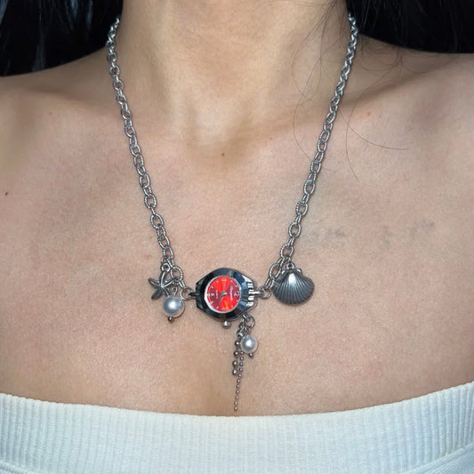 CyberPunk Red Watch Choker Necklace, Starfish and Shell Ocean Pendant, Niche Chunky Silver Chain,Y2K necklace,