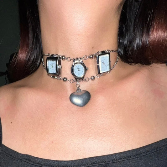 Vintage Punk Silver Chunky Watch Choker Necklace, 3 Watches Choker with Heart pendant, Y2K Necklace, Cool Trendy Choker for Man and Woman.