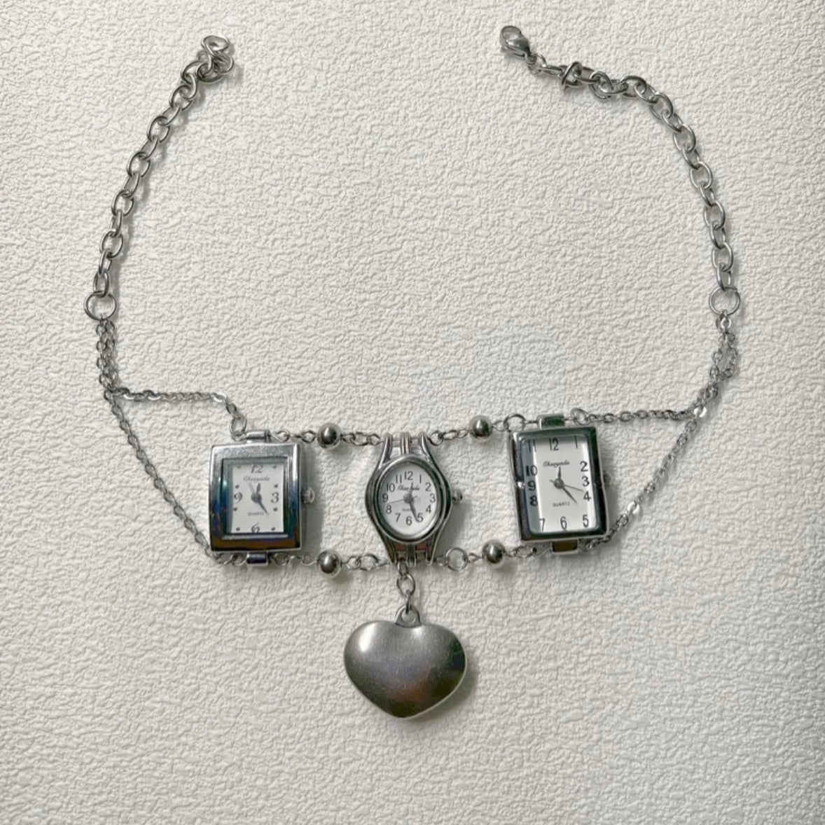 Vintage Punk Silver Chunky Watch Choker Necklace, 3 Watches Choker with Heart pendant, Y2K Necklace, Cool Trendy Choker for Man and Woman.