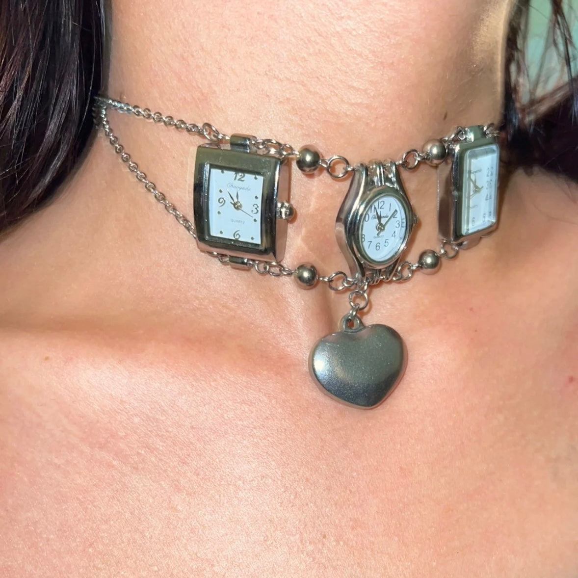 Vintage Punk Silver Chunky Watch Choker Necklace, 3 Watches Choker with Heart pendant, Y2K Necklace, Cool Trendy Choker for Man and Woman.