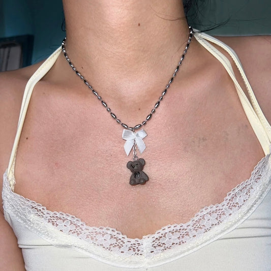 Cute Lovely Adorable Teddy Bear with White Bownot Necklace Chain for Women Teens Girls