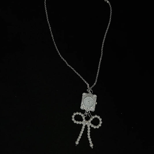 Pearl Bownot Watch Choker Niche Punk Chunky Pendant Necklace Silver Chain Vintage Jewelry