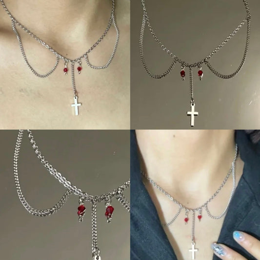Cross Faith Choker Dainty Pendant Layered Necklace Y2K Chunky Silver Chain Vintage Jewelry