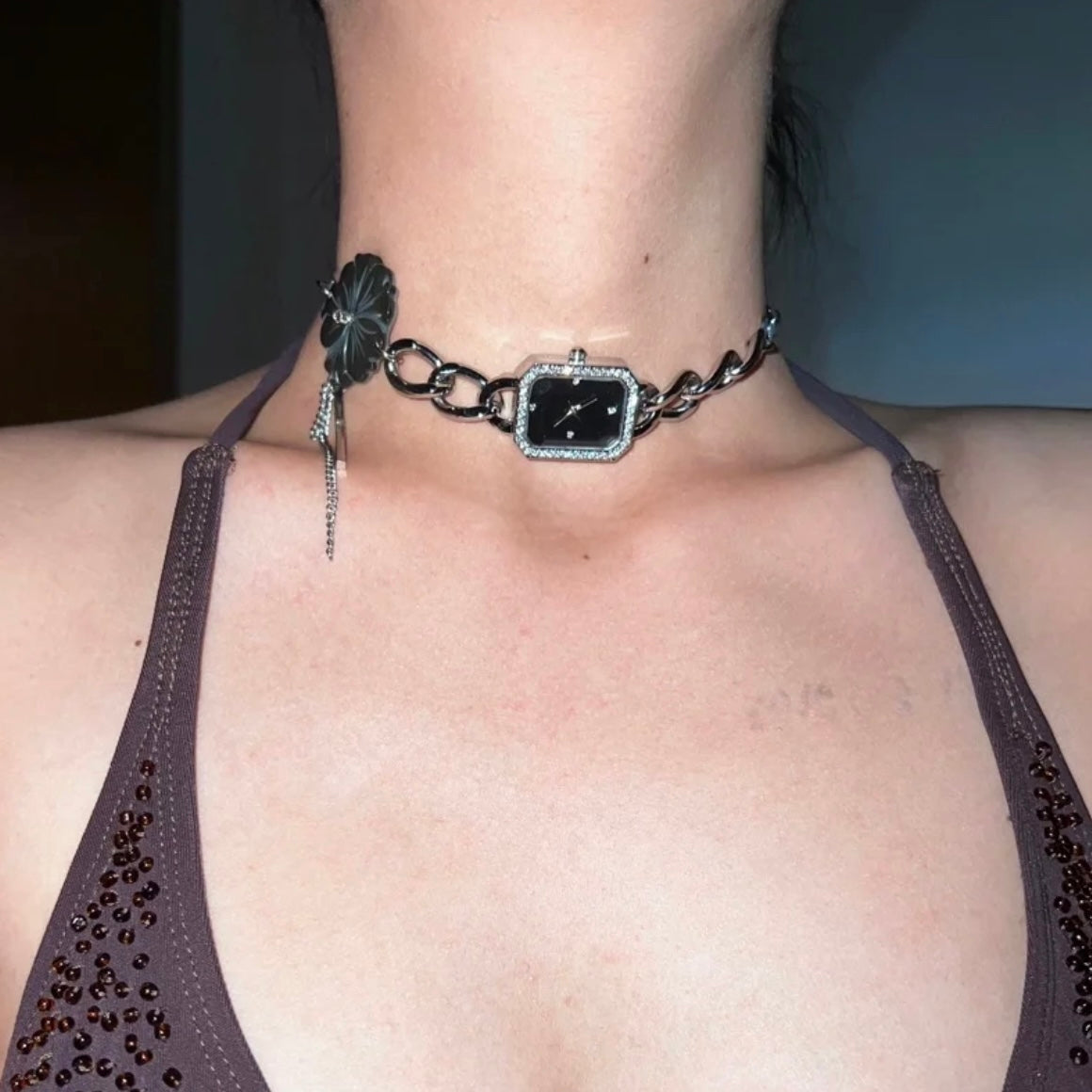Flower Floral Watch Choker Y2K Niche Chunky Punk Necklace Silver Chain Vintage Jewelry