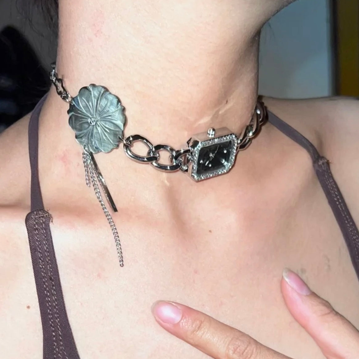 Flower Floral Watch Choker Y2K Niche Chunky Punk Necklace Silver Chain Vintage Jewelry