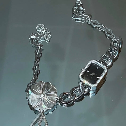 Flower Floral Watch Choker Y2K Niche Chunky Punk Necklace Silver Chain Vintage Jewelry
