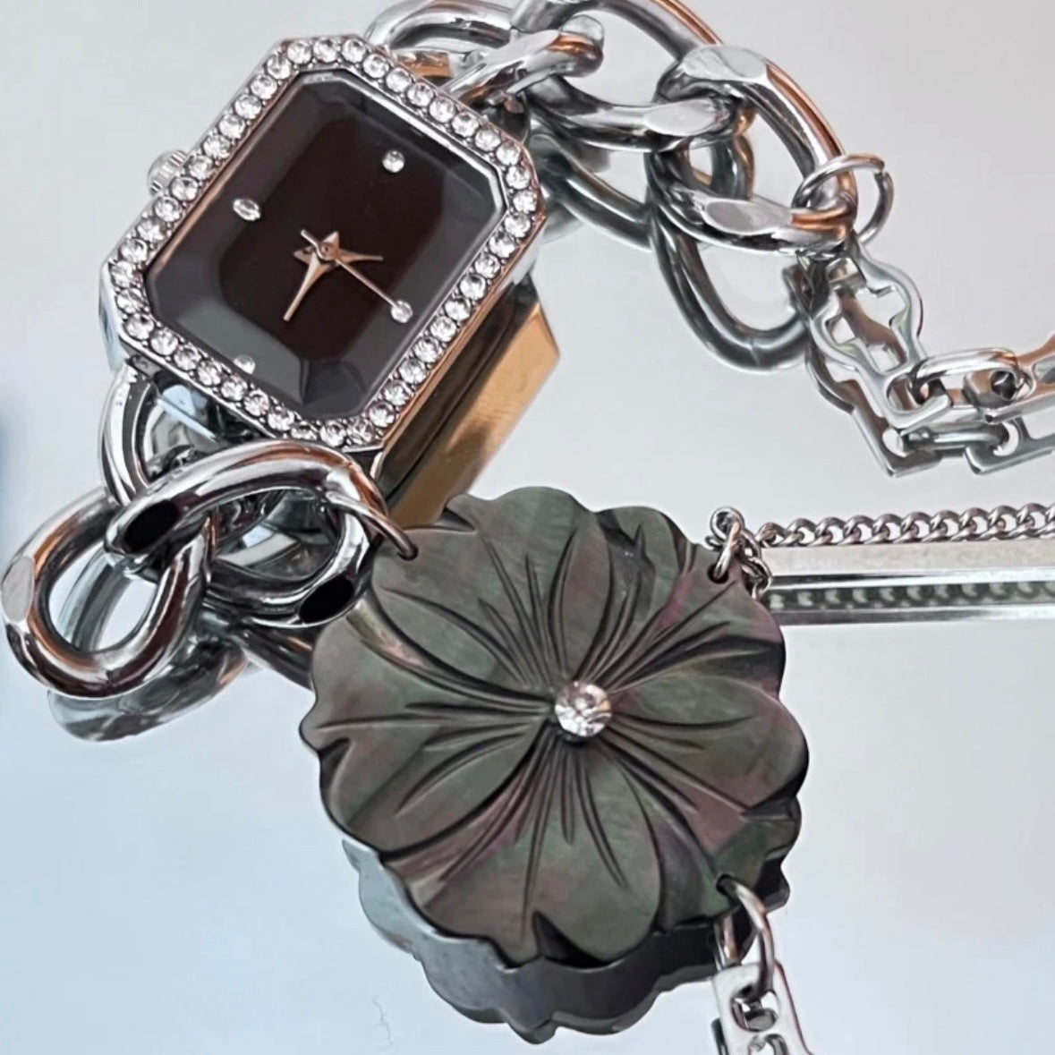 Flower Floral Watch Choker Y2K Niche Chunky Punk Necklace Silver Chain Vintage Jewelry