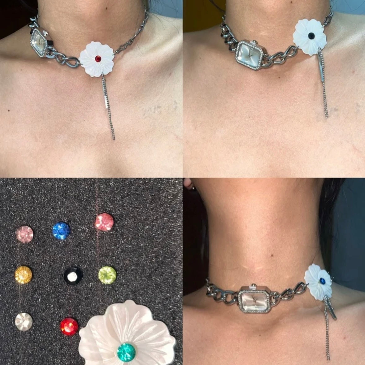 Handmade Vintage Punk White Flower Pedal Watch Choker Necklace,Y2K necklace, Niche Chunky Silver Chain Necklace, Perfect Gift for her