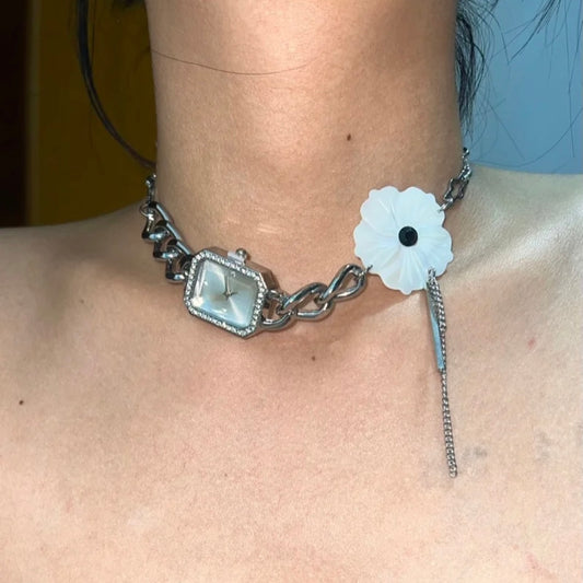 Handmade Vintage Punk White Flower Pedal  Watch Choker Necklace,Y2K necklace, Niche Chunky Silver Chain Necklace, Perfect Gift for her