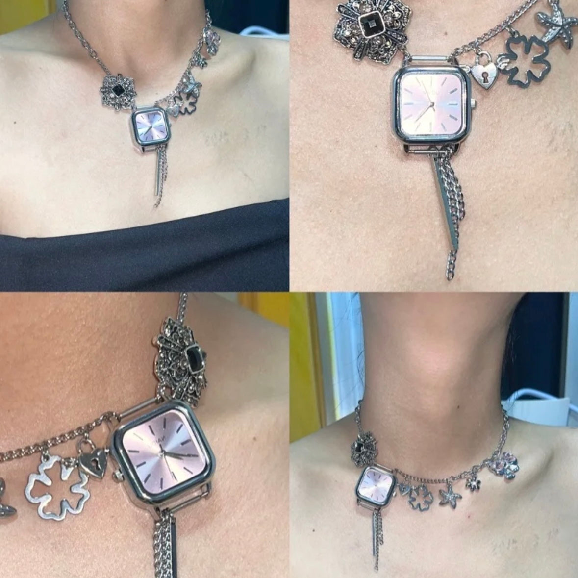 Niche Punk Chunky Y2K Watch Choker Necklace Silver Chain with Flower, Heart Lock, Starfish Pendants