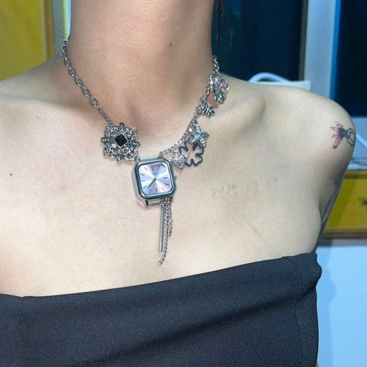 Niche Punk Chunky Y2K Watch Choker Necklace Silver Chain with Flower, Heart Lock, Starfish Pendants
