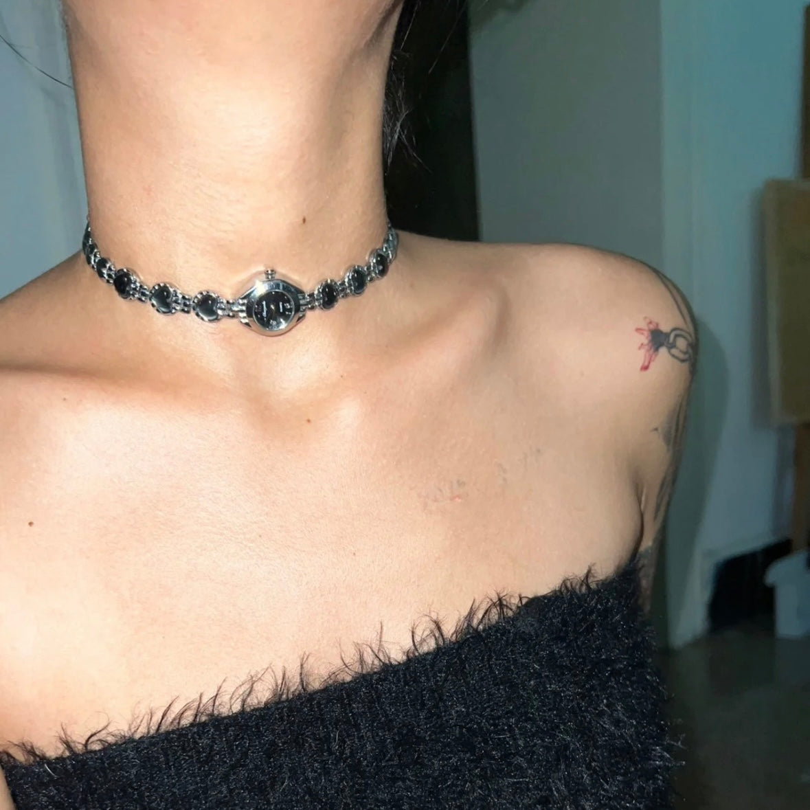 Niche Punk Chunky Y2K Watch Choker Trendy Cool Fashion Necklace Heart Shape Silver Chain