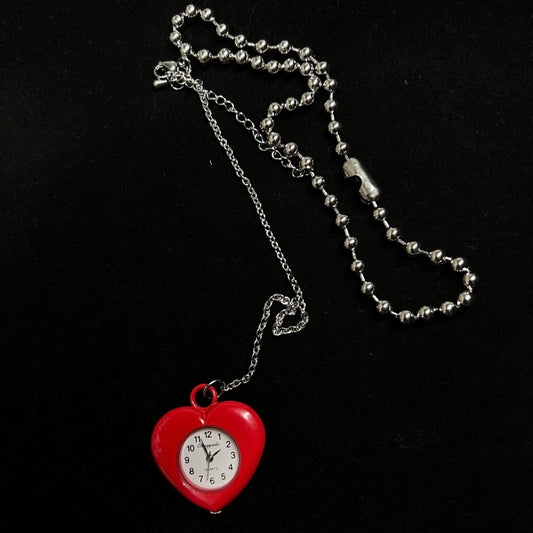 Chunky Puffy Red Heart Shape Watch Choker Cute Niche Punk Adjustable Necklace Long Silver Chain