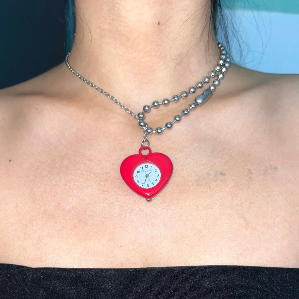 Chunky Puffy Red Heart Shape Watch Choker Cute Niche Punk Adjustable Necklace Long Silver Chain