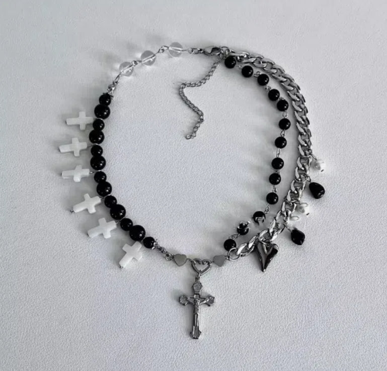 Cyberpunk, silver double-layer cross pendant necklace, decorated with cross and obsidian,Y2Kchoker,punk style,perfect gift,unisex choker