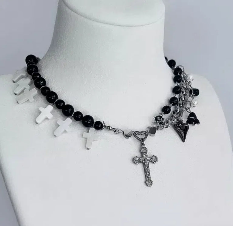 Cyberpunk, silver double-layer cross pendant necklace, decorated with cross and obsidian,Y2Kchoker,punk style,perfect gift,unisex choker